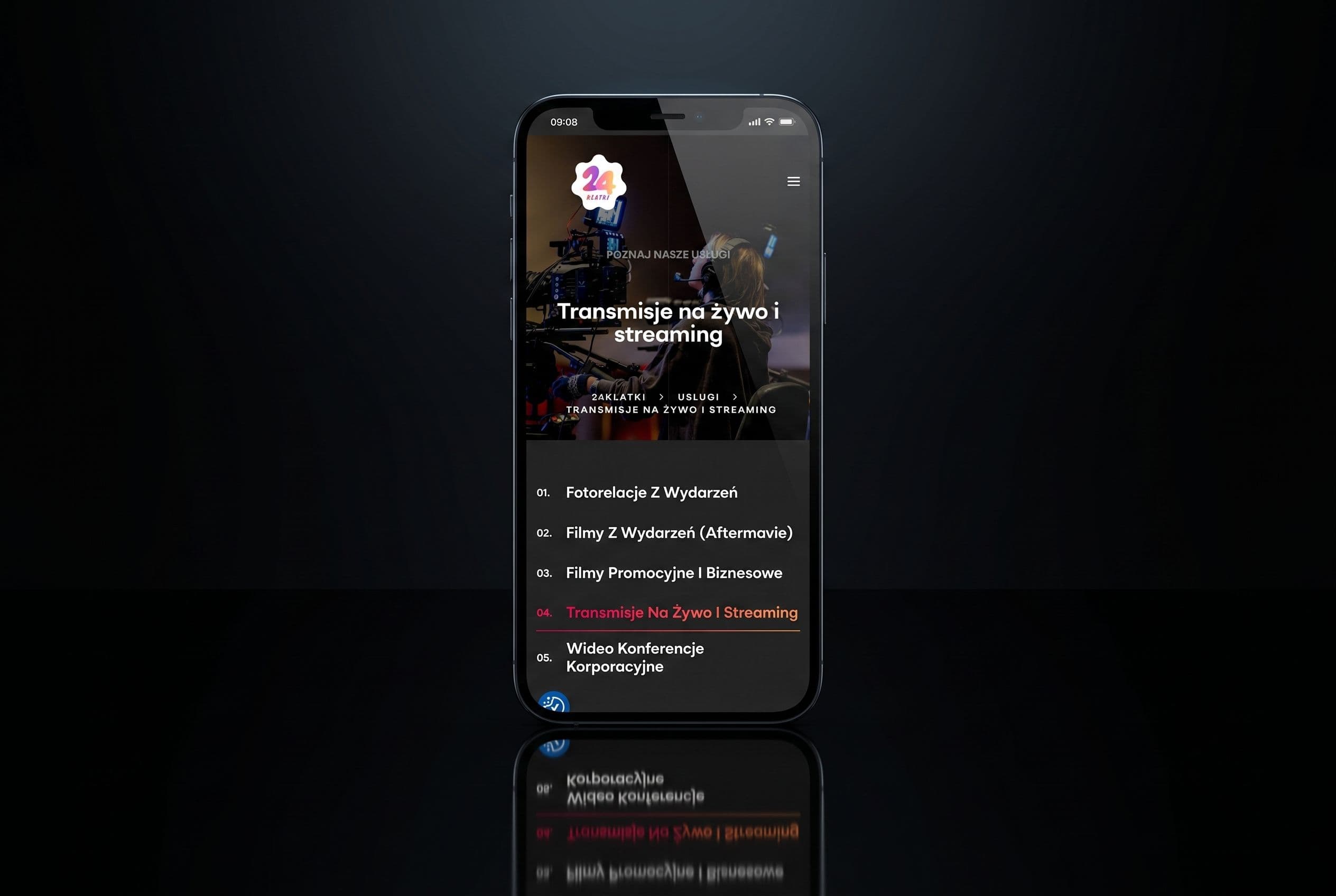 Podstrona usługi „Transmisje na żywo i streaming” w wersji mobilnej